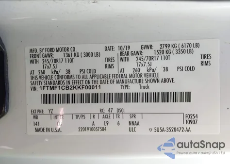 2019 Ford F-150 Xl z USA, uszkodzony, nr VIN 1FTMF1CB2KKF00011